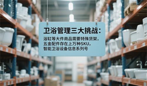 衛(wèi)浴倉庫，中間出現(xiàn)標題“衛(wèi)浴管理三大挑戰(zhàn)：浴缸等大件商品需要特殊貨架，五金配件存在上萬種SKU，智能衛(wèi)浴設備涉及序列號”黑體淺藍色底_看圖王.jpeg